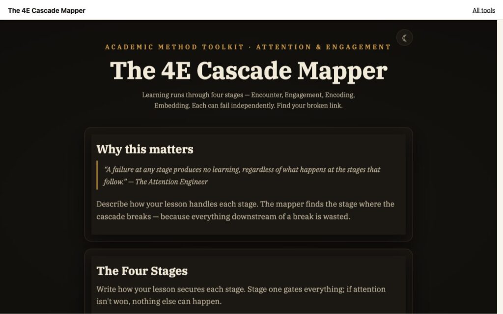 The 4E Cascade Mapper: the tool as it opens