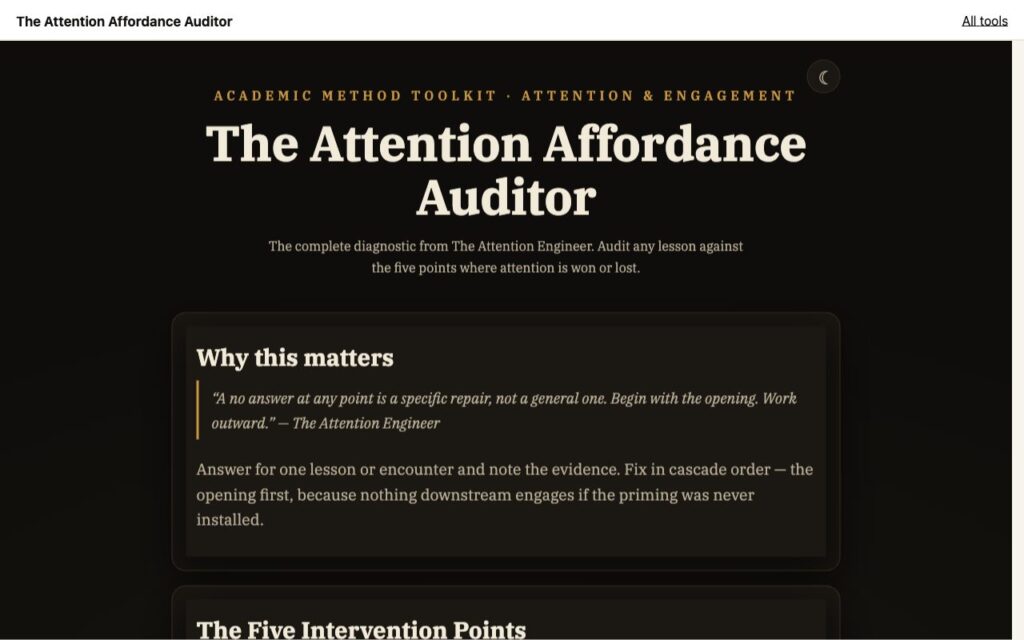 The Attention Affordance Auditor: the tool as it opens