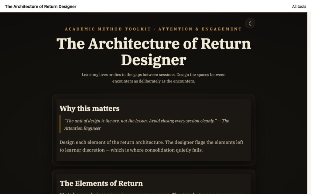 The Architecture of Return Designer: the tool as it opens