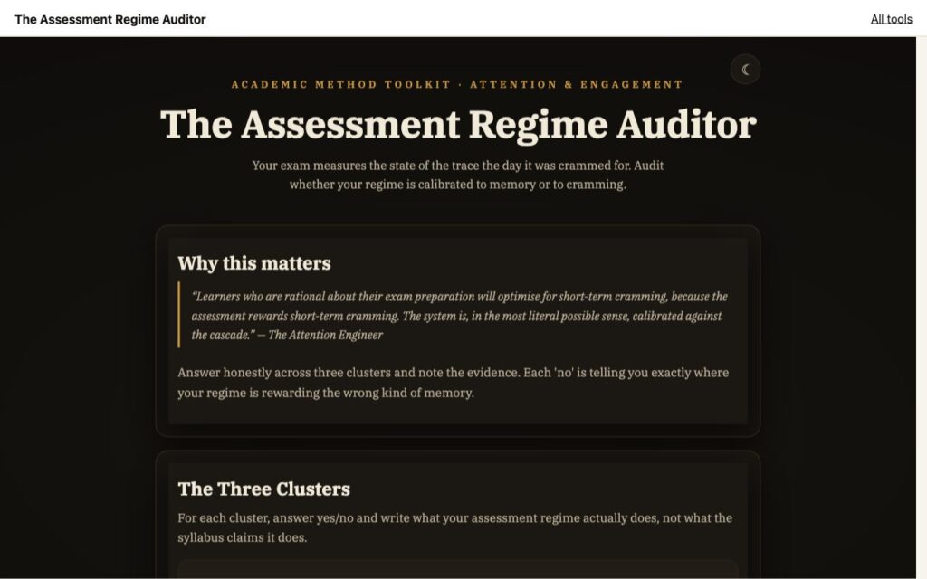 The Assessment Regime Auditor: the tool as it opens