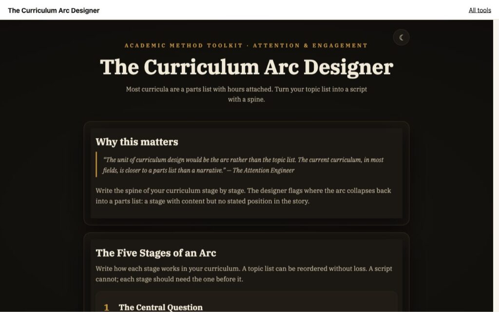 The Curriculum Arc Designer: the tool as it opens