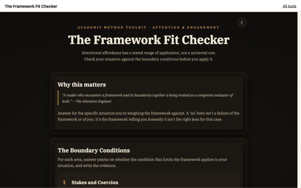 The Framework Fit Checker: the tool as it opens