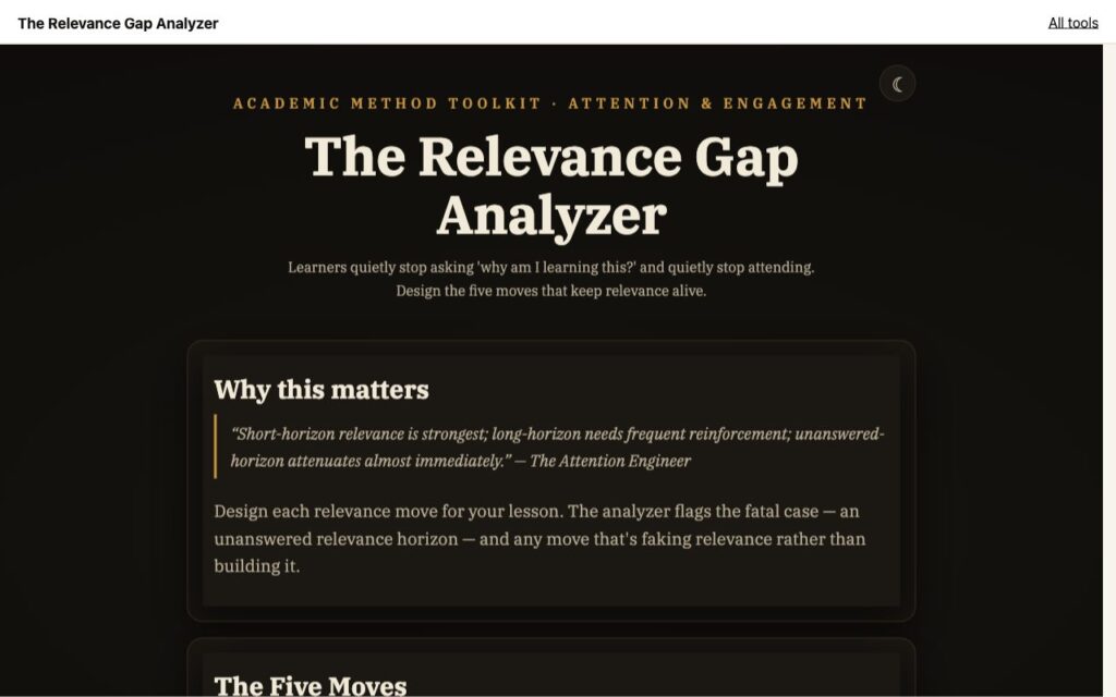 The Relevance Gap Analyzer: the tool as it opens