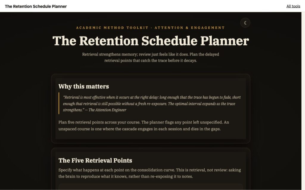 The Retention Schedule Planner: the tool as it opens