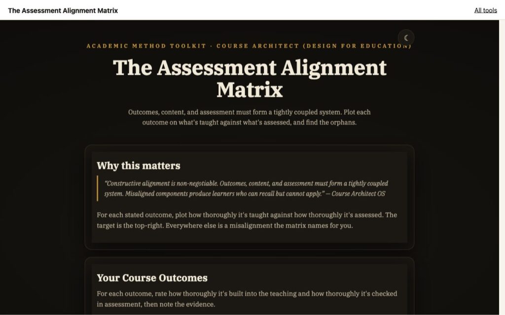 The Assessment Alignment Matrix: the tool as it opens