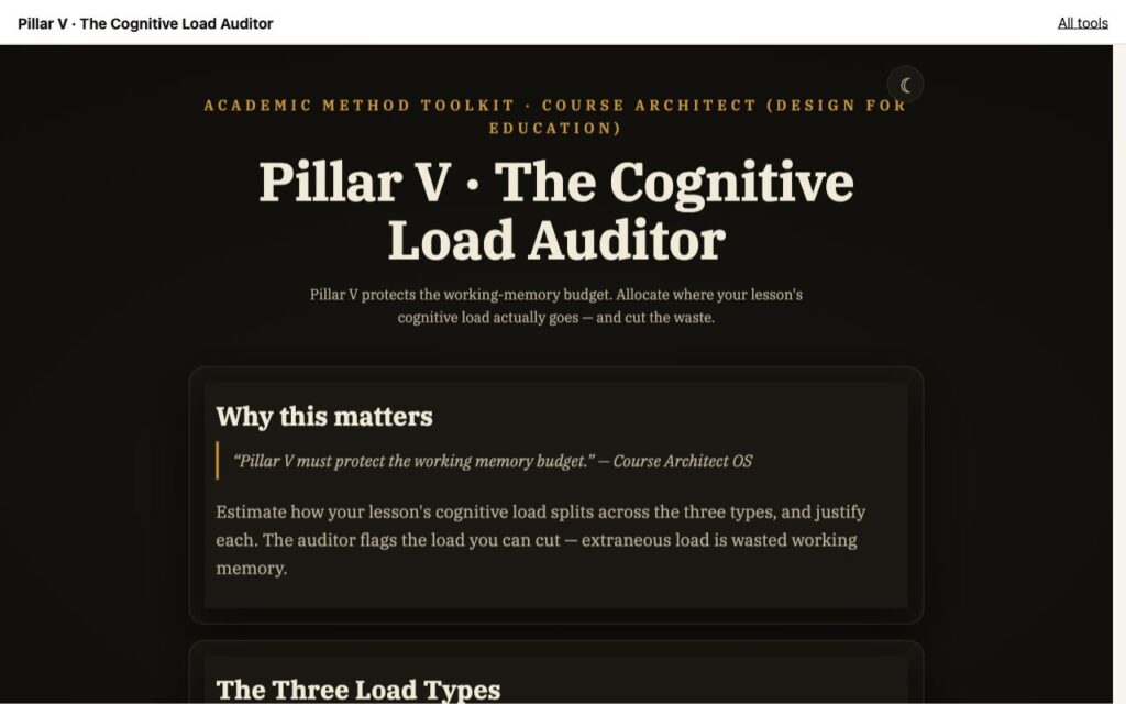 Pillar V · The Cognitive Load Auditor: the tool as it opens