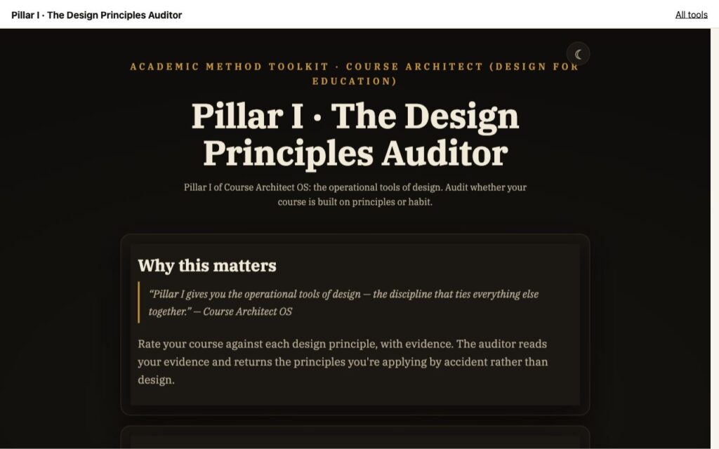 Pillar I · The Design Principles Auditor: the tool as it opens
