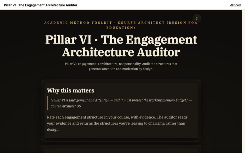 Pillar VI · The Engagement Architecture Auditor: the tool as it opens