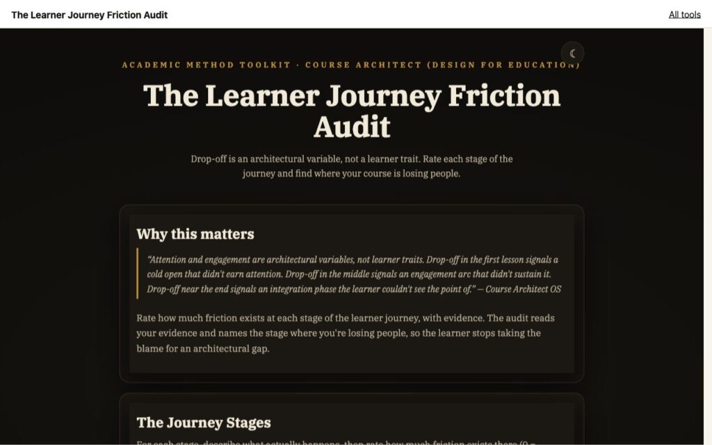 The Learner Journey Friction Audit: the tool as it opens