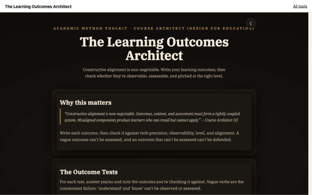 The Learning Outcomes Architect: the tool as it opens