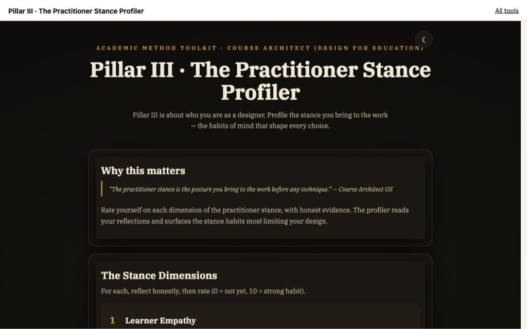 Pillar III · The Practitioner Stance Profiler: the tool as it opens