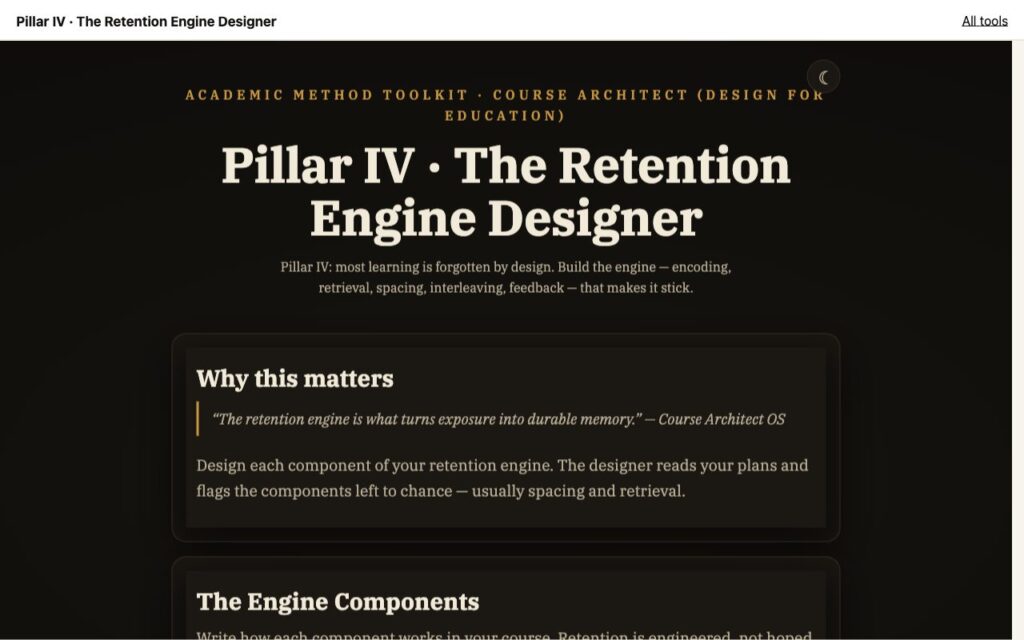 Pillar IV · The Retention Engine Designer: the tool as it opens