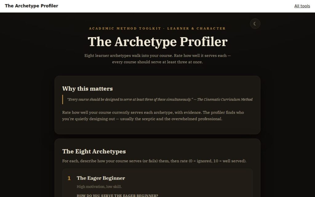 The Archetype Profiler: the tool as it opens