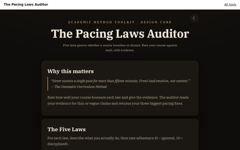 The Pacing Laws Auditor: the tool as it opens
