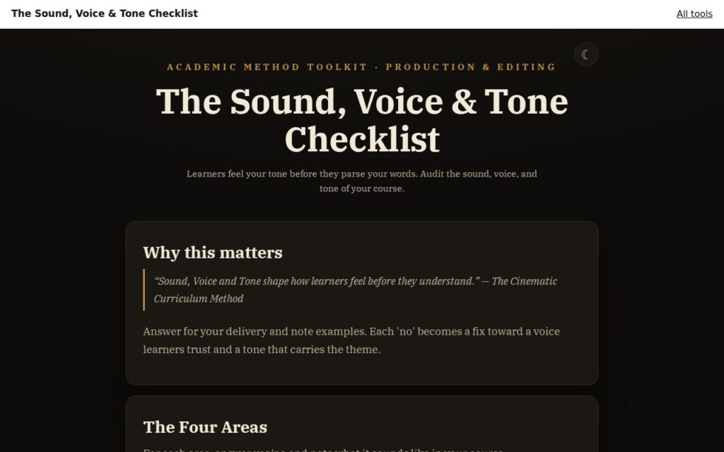 The Sound, Voice & Tone Checklist: the tool as it opens