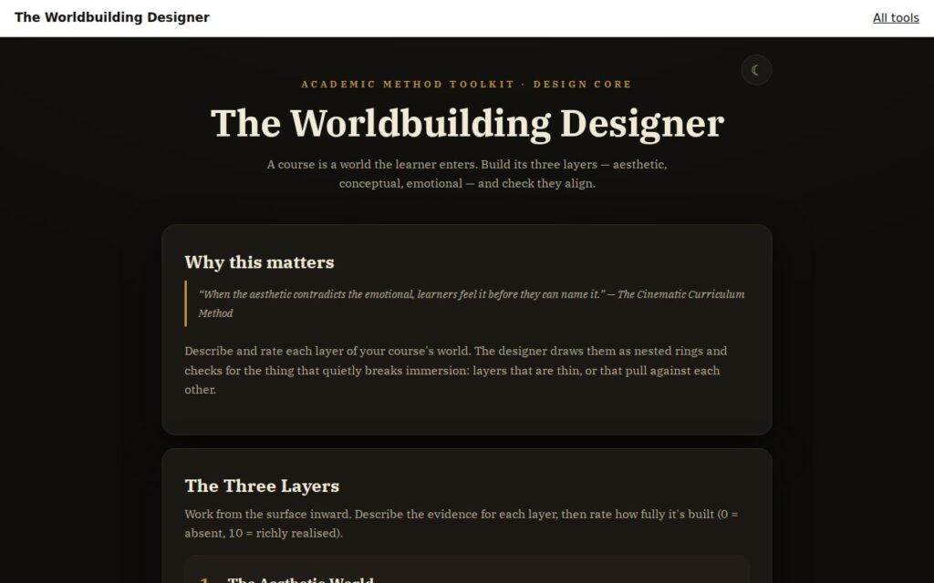 The Worldbuilding Designer: the tool as it opens