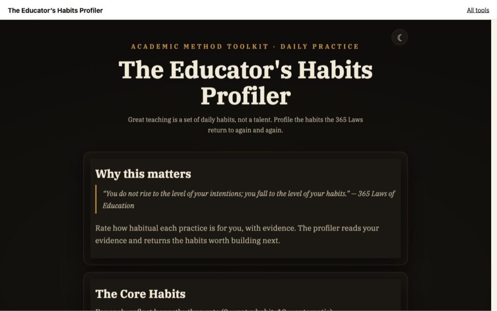 The Educator's Habits Profiler: the tool as it opens