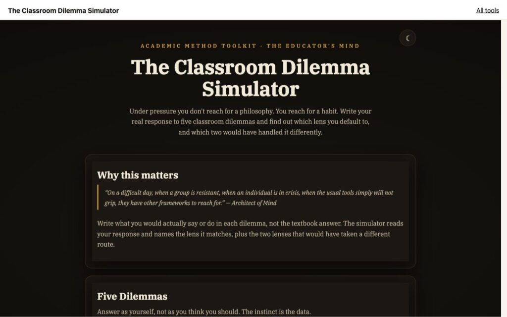 The Classroom Dilemma Simulator: the tool as it opens