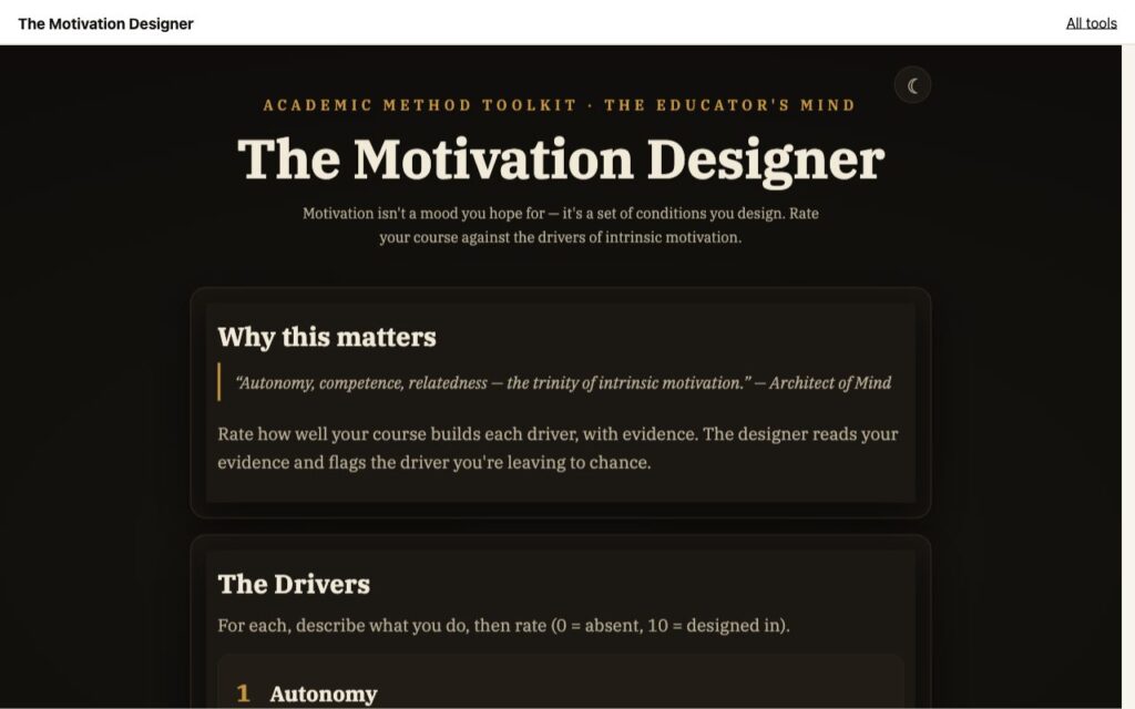 The Motivation Designer: the tool as it opens