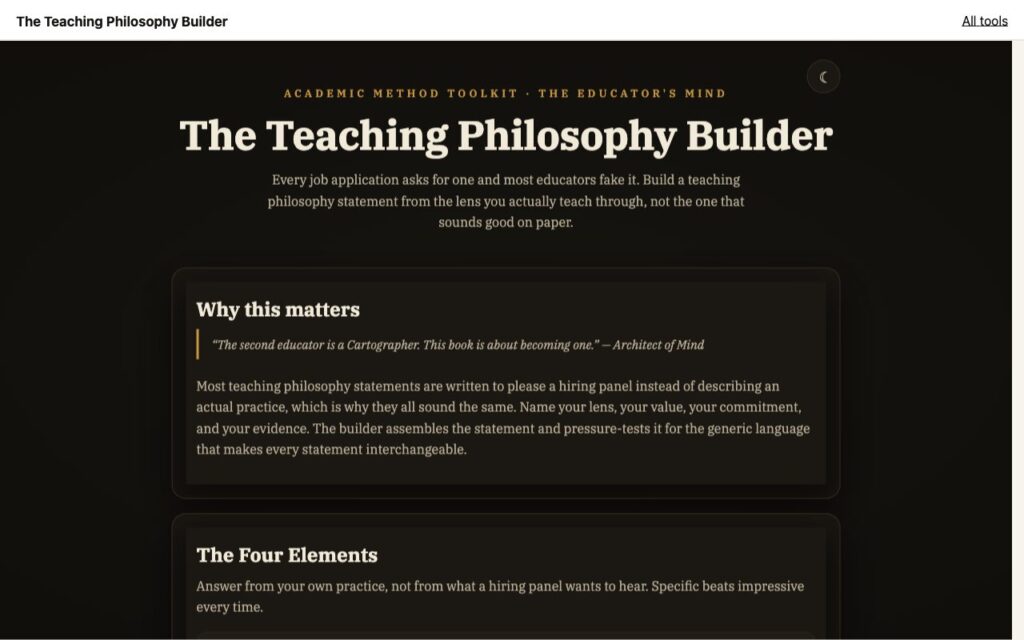 The Teaching Philosophy Builder: the tool as it opens