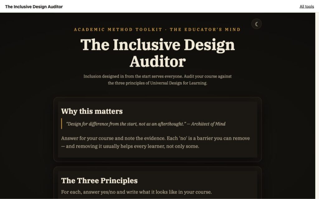 The Inclusive Design Auditor: the tool as it opens